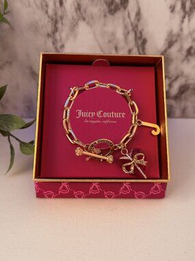Juicy Couture Charm Bracelet Gold Tone Heart Bow Key Charm Gift Box